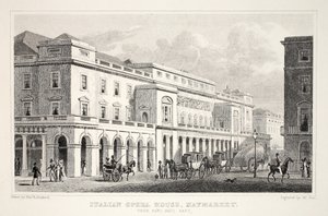 Italian oopperatalo, Haymarket, "Lontoo ja sen ympäristö 1800-luvulla" -pubista. Jones und Co., 1827-1829 tekijältä Thomas Hosmer Shepherd