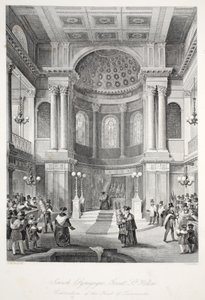 Juutalainen synagoga, Great St Helens, "London Interiors with their Costumes and Ceremonies" -pubista. Joseph Mead, Lontoo, n.1843 (teräskaiverrus) tekijältä Thomas Hosmer Shepherd