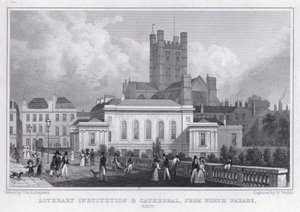 Kirjallisuusinstituutti ja katedraali, North Parade, Bath (kaiverrus) tekijältä Thomas Hosmer Shepherd