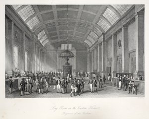 Long Room in Custom-House, "London Interiors heidän puvuineen ja seremonioineen" -pubista. Joseph Mead, Lontoo, n. 1843 (teräskaiverrus) tekijältä Thomas Hosmer Shepherd