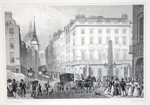 Ludgate Hill, Fleet Streetiltä, "Lontoo ja sen ympäristö 1800-luvulla" -pubista. Jones und Co., 1827-1829 tekijältä Thomas Hosmer Shepherd