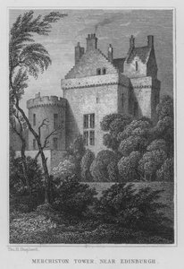 Merchiston Tower, lähellä Edinburghia (kaiverrus) tekijältä Thomas Hosmer Shepherd
