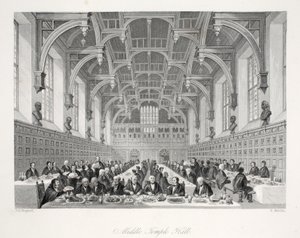 Middle Temple Hall, "London Interiors with their Costumes and Ceremonies" -pubista. Joseph Mead, Lontoo, n.1843 (teräskaiverrus) tekijältä Thomas Hosmer Shepherd
