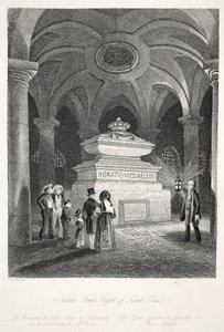 Nelsonin hauta St Paulin kryptassa, pubista "London Interiors with their Costumes and Ceremonies". Joseph Mead, Lontoo, n.1843 (teräskaiverrus) tekijältä Thomas Hosmer Shepherd