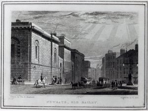 Newgaten vankila ja Old Bailey, kaiverrus Robert Acon, 1831 tekijältä Thomas Hosmer Shepherd
