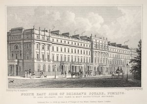 Belgrave Squaren koillispuoli, Pimlico, "Lontoo ja sen ympäristö 1800-luvulla" -pubista. Jones und Co., 1827-1829 tekijältä Thomas Hosmer Shepherd