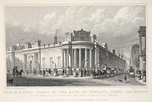 Englannin keskuspankin pohjois- ja länsirintama Lothburysta, "Lontoo ja sen ympäristö 1800-luvulla" -pubista. Jones und Co., 1827-1829 tekijältä Thomas Hosmer Shepherd