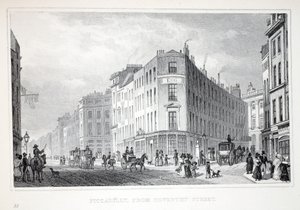 Piccadilly, Coventry Streetiltä, "Lontoo ja sen ympäristö 1800-luvulla" -pubista. Jones und Co., 1827-1829 tekijältä Thomas Hosmer Shepherd