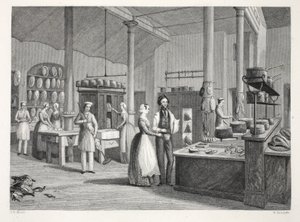Reform Club - keittiö, "London Interiors with their Costumes and Ceremonies" -pubista. Joseph Mead, Lontoo, n.1843 (teräskaiverrus) tekijältä Thomas Hosmer Shepherd