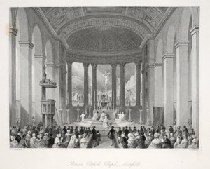 Roomalaiskatolinen kappeli, Moorfields, "London Interiors heidän pukuineen ja seremoniaineen" -pubista. Joseph Mead, Lontoo, n.1843 (teräskaiverrus) tekijältä Thomas Hosmer Shepherd
