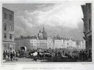 Smithfield Market Barrsista, kaiverrus Thomas Barber, n. 1830 tekijältä Thomas Hosmer Shepherd