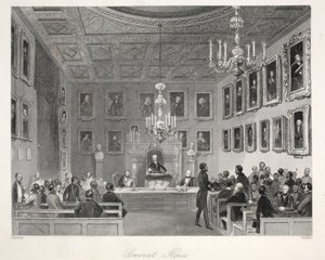 Somerset House, "London Interiors with their Costumes and Ceremonies" -pubista. Joseph Mead, Lontoo, n.1843 (teräskaiverrus) tekijältä Thomas Hosmer Shepherd