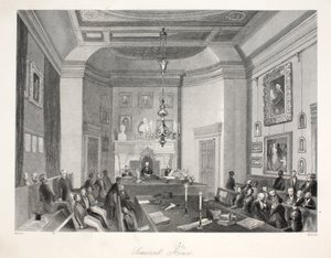 Somerset House, "London Interiors with their Costumes and Ceremonies" -pubista. Joseph Mead, Lontoo, n.1843 (teräskaiverrus) tekijältä Thomas Hosmer Shepherd