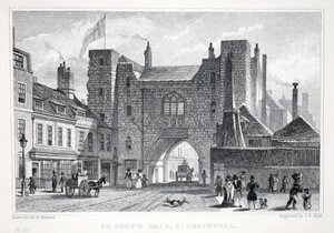 St Johns Gate, Clerkenwell, "Lontoo ja sen ympäristö 1800-luvulla" -pubista. Jones und Co., 1827-1829 tekijältä Thomas Hosmer Shepherd