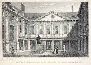 St Thomasin sairaala ja kuningas Edward VI:n patsas, "Lontoo ja sen ympäristö 1800-luvulla" -pubista. Jones und Co., 1827-1829 tekijältä Thomas Hosmer Shepherd