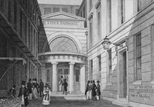 Pörssi, Lontoo, julkaisusta "Metropolitan Improvements; tai Lontoo 1800-luvulla”, n. 1828 tekijältä Thomas Hosmer Shepherd