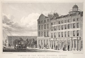 Musesien temppeli, Finsbury Square, "Lontoo ja sen ympäristö 1800-luvulla" -pubista. Jones und Co., 1827-1829 tekijältä Thomas Hosmer Shepherd