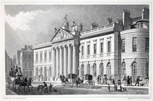 East India House, pubista "Lontoo ja sen ympäristö 1800-luvulla". Jones und Co., 1827-1829 tekijältä Thomas Hosmer Shepherd