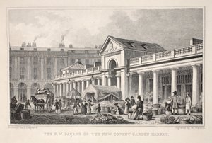 N.W. New Covent Garden Marketin julkisivu, pubista "Lontoo ja sen ympäristö 1800-luvulla". Jones und Co., 1827-1829 tekijältä Thomas Hosmer Shepherd