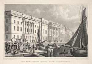 New Custom House, Billingsgate, "Lontoo ja sen ympäristö 1800-luvulla" -pubista. Jones und Co., 1827-1829 tekijältä Thomas Hosmer Shepherd