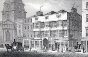 Old White Hart Tavern, Bishopsgate Street, "Lontoo ja sen ympäristö 1800-luvulla" -pubista. Jones und Co., 1827-1829 tekijältä Thomas Hosmer Shepherd