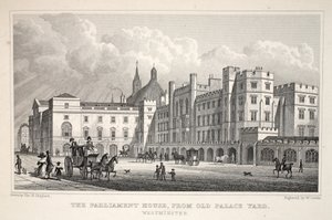 Parlamenttitalo Old Palace Yardista Westminsteristä, "Lontoo ja sen ympäristö 1800-luvulla" -pubista. Jones und Co., 1827-1829 tekijältä Thomas Hosmer Shepherd