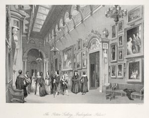 Kuvagalleria Buckinghamin palatsissa, "London Interiors with their Costumes and Ceremonies" -pubista. Joseph Mead, Lontoo, n. 1843 (teräskaiverrus) tekijältä Thomas Hosmer Shepherd