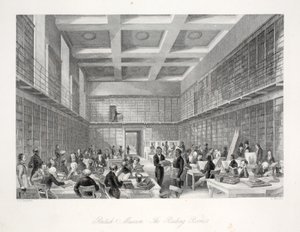 British Museumin lukusali ja kirjasto, "London Interiors with their Costumes and Ceremonies" -pubista. Joseph Mead, Lontoo, n. 1843 (teräskaiverrus) tekijältä Thomas Hosmer Shepherd