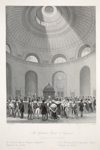 Englannin keskuspankin Rotunda, julkaisusta "London Interiors with their Costumes and Ceremonies". Joseph Mead, Lontoo, noin 1843 (teräskaiverrus). tekijältä Thomas Hosmer Shepherd