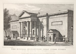 Russell Institution, Great Coram Street, "Lontoo ja sen ympäristö 1800-luvulla" -pubista. Jones und Co., 1827-1829 tekijältä Thomas Hosmer Shepherd