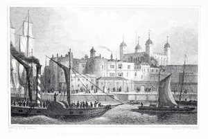Lontoon Tower, Thamesista, "Lontoo ja sen ympäristö 1800-luvulla" -pubista. Jones und Co., 1827-1829 tekijältä Thomas Hosmer Shepherd