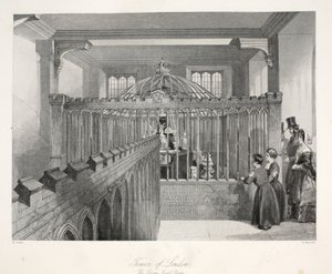 Tower of London, The Crown Jewel Room, "London Interiors with their Costumes and Ceremonies" -pubista. Joseph Mead, Lontoo, n.1843 (teräskaiverrus) tekijältä Thomas Hosmer Shepherd