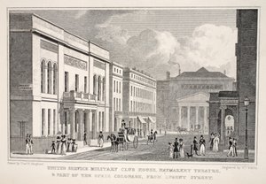 United Service Military Club House, Haymarket Theatre ja osa Opera Colonnadea Regent Streetiltä, "London and it