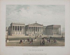 Näkymä British Museumista, jossa kävijät kävelevät ulkona, 1854 tekijältä Thomas Hosmer Shepherd