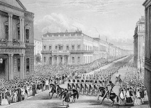 Wellingtonin hautajaiskulkue Senior United Service Clubin ohi, Pall Mall, Lontoo, 1852 tekijältä Thomas Hosmer Shepherd