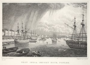 West India Docks, Isle of Dogs, Lontoosta ja sen Environs in the Nineteenth Century -pubista. Jones und Co., 1827-1829 tekijältä Thomas Hosmer Shepherd