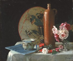 Asetelma viuhkan ja ruusujen kanssa, 1874.