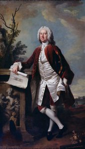 Muotokuva Theodore Jacobsenista, Foundlingin sairaalan arkkitehtuurista, kädessään piirustus länsirintamasta, n. 1742