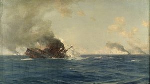 Scharnhorst-aluksen uppoaminen Falklandinsaarten taistelussa 8. joulukuuta 1914, noin 1915 (öljy kankaalle).