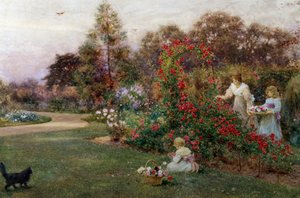 Taiteilijan puutarhassa, Yapton, Sussex. Äiti ja hänen kaksi lastaan poimimassa ruusuja puutarhassa. Thomas James Lloydin (1849-1910 brittiläinen) maalaus Yksityiskokoelma.
