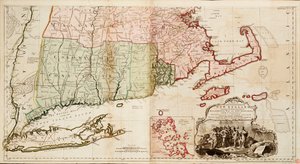 Kartta Uuden-Englannin asutuimmasta osasta, joka sisältää Massachusetts Bayn ja New Hampshiren provinssit sekä Connecticutin ja Rhode Islandin siirtokunnat.