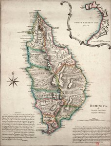 Dominican värikartta, jossa on yksityiskohtaisia maantieteellisiä havaintoja, noin 1760 (käsin väritetty kaiverrus).