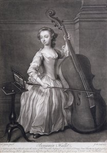 Muotokuva Benjamin Halletista soittamassa viulua, kaiverrettu James McArdell (n. 1729-65), n. 1749 tekijältä Thomas Jenkins