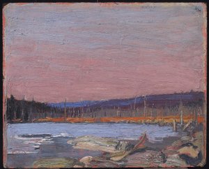 A Northern Lake, n. 1916 (öljy komposiittipuumassalevylle) tekijältä Tom Thomson