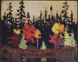 Musta kuusi ja vaahtera, 1915 (öljy puulevylle) tekijältä Tom Thomson