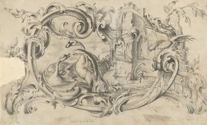 Suunnitelma tabletille savupiippukappaleelle, jossa on kaksi joutsenta taistelussa, käärössä..., 1762.