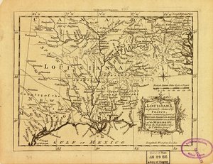 Louisiana, sellaisena kuin Ranska sitä aiemmin vaati, ja joka nyt sisältää osan Britannian Amerikkaa Mississippin itäpuolella ja Espanjan Amerikkaa Mississippin länsipuolella. LOC 77690498