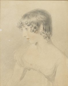 Susan Bloxamin rintakuva, profiili vasemmalle käännettynä, 1818 (musta liitu, punaliidulla kosketettu, kevyesti tampattu valkoiselle kartongille, joka on värjäytynyt ruskeaksi). tekijältä Thomas Lawrence
