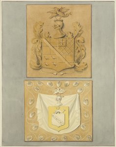 Vaakunat Langton Mansionin ovella, takana (akvarelli paperille) tekijältä Thomas Leeson the Elder Rowbotham
