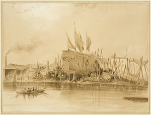Itäinen Wapping Dock, "Avonin" laukaisu, 1826 tekijältä Thomas Leeson the Elder Rowbotham